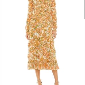 Mac Duggal Orange and Green Long Sleeve Dress